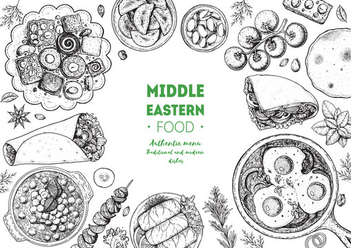 Middle eastern food top view frame. Food menu design with kebab, dolma, hummus, shakshouka and sweets. Vintage hand drawn sketch vector illustration.