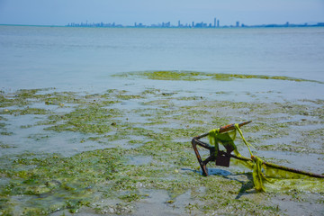 Old anchor on the beach,Metal anchor anchored on the exotic beach,Old anchor on the sandy beach.