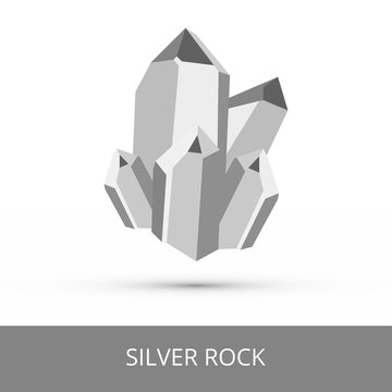 Vector mineralogy icon of silver rock stone, silver nugget or silver ore. Gray glittering crystalline stone or gemstone crystal with shadow isolated on a white background. Icon of expensive jewel.
