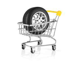 Car wheel in mini toy trolley for shopping isolated