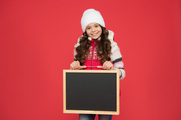 Time for winter holiday. Winter shopping sales. Skating rink. Active leisure. Happy hours. Announcement. Happy girl blank blackboard copy space. Important information. Winter activity advertisement