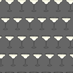 Margarita Cocktail seamless pattern. Hand drawing sketch outlines on grey background can be printed on textile, wallpaper, wrapping paper, greeting cards, used in logo, banner, landing page. Vector