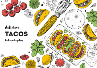 Tacos cooking and ingredients for tacos, sketch illustration. Mexican cuisine frame. Fast food menu design elements. Tacos hand drawn frame. Mexican food
