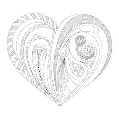 Hand drawn heart for adult anti stress. Coloring page with high details isolated on white background. Zentangle pattern for relax and meditation. suitable for a coloring book, Valentine's day card