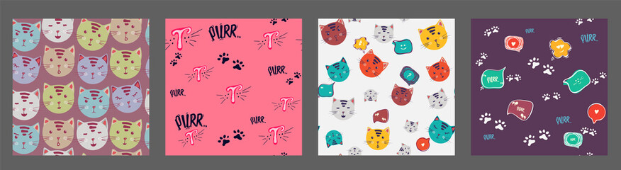 Vector seamless pattern set, collection with cute hand drawing cartoon cats. Seamless pattern can be used for kids wallpaper, web page background, surface textures.