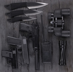 set of weapons, knives and pistols