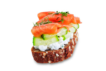 Smoked salmon ricotta cheese  rye sandwich on a white isolated background