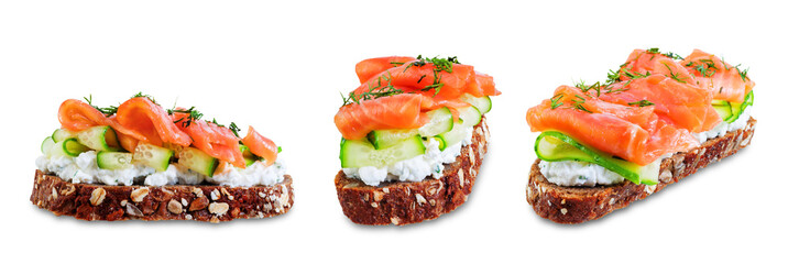 Smoked salmon ricotta cheese  rye sandwich on a white isolated background