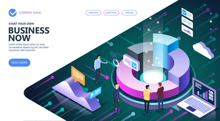 Business isometric people working together and developing a successful business strategy. Marketing and finance vector isometric concept.  Vector illustration