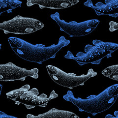 Fish seamless pattern. Hand drawn vector illustration. Seafood vector illustration. Food menu illustration. Hand drawn. Engraved style. Leaflet, brochure, booklet design template