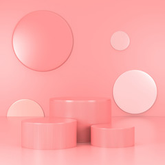 Pink podium minimal. Pink wall scene. Pastel background. 3d rendering.