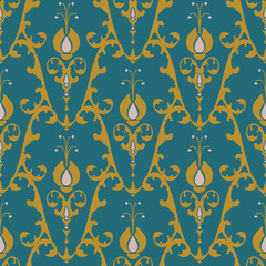 Seamless vector pattern  antique textile on turquoise background. Renaissance floral luxury wallpaper design.