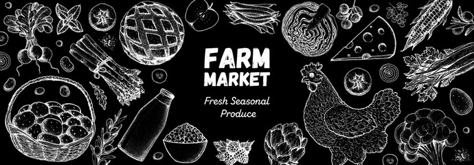 Good food store design concept. Various food frame. Organic food illustration. Farmers market design elements. Hand drawn sketch.