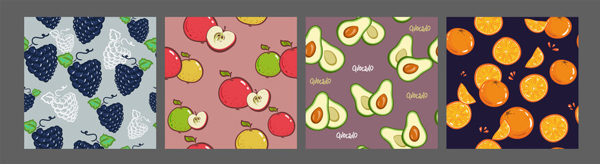 Set of vector simple colorful seamless patterns - different fruits. grapes, apple orange, avocado background. Healthy eating Vector illustration