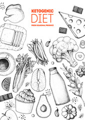 Ketogenic diet hand drawn vector illustration. Organic food diet. Good food illustration. Design elements. Hand drawn sketch. Various food frame. Organic food store concept