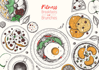 Breakfasts top view frame. Morning food menu design. Breakfast and brunches dishes collection. Vintage hand drawn sketch, vector illustration. Engraved style.