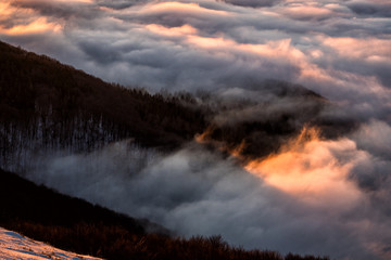 Splendid sunrise in the Carpathian Mountains. Bieszczady National Park. Poland.