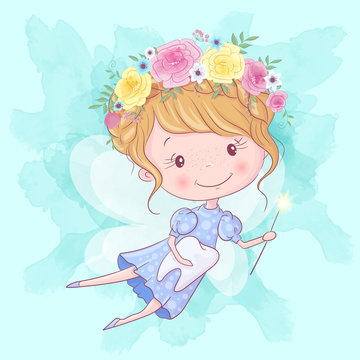Cute cartoon tooth fairy with magic wand and tooth. Hand drawing