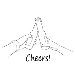 bottles of beer or drinks in the hands of a man and a woman, toast cheers, party, greeting. Vector illustration of a black contour on a white background.