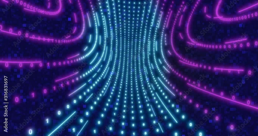 Poster neon circle background with data tunnel. fluorescent ultraviolet lights looped animation 4k. virtual
