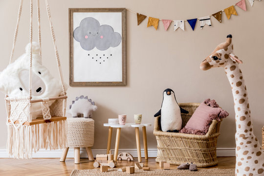 Stylish Scandinavian Interior Of Kid Room With Mock Up Poster Frame, Design Furnitures, Natural Toys, Hanging Colorful Flags, Plush Animals, Child Accessories And Teddy Bears. Modern Home Decor.