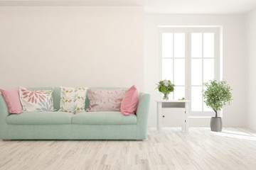 Stylish room in white color with sofa. Scandinavian interior design. 3D illustration