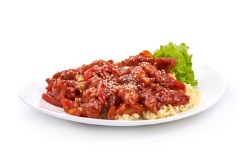 Traditional cooking- wok stir fry chicken and rice, isolated on white background