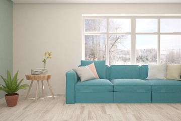 Stylish room in white color with sofa and winter landscape in window. Scandinavian interior design. 3D illustration