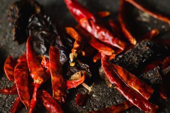 Mexican Chilies, Close-up Of Dry Variety, Including Chile Ancho And Arbol Chilli