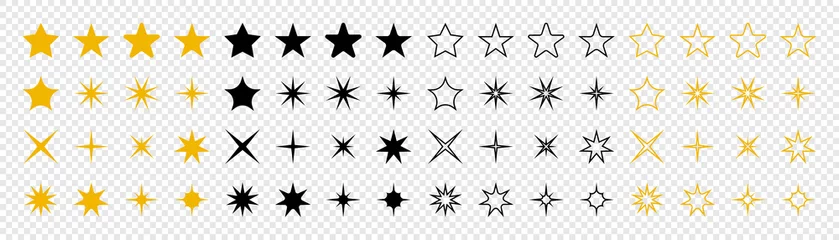 Poster Stars collection. Star vector icons. Golden and Black set of Stars, isolated on transparent background. Star icon. Stars in modern simple flat style. Vector © smile3377