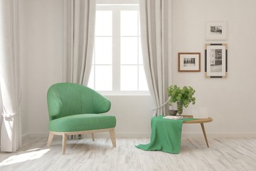 Stylish room in white color with armchair. Scandinavian interior design. 3D illustration