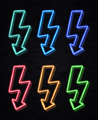 Realistic color lightning bolt neon sign set on black brick wall background. Energy electricity symbol for decoration covering flyer banner. Lightning thunder concept. Bright light vector illustration