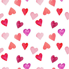vector seamless pattern of watercolor painted hearts on white, best for romantic prints, wrapping, fabric and wallpaper