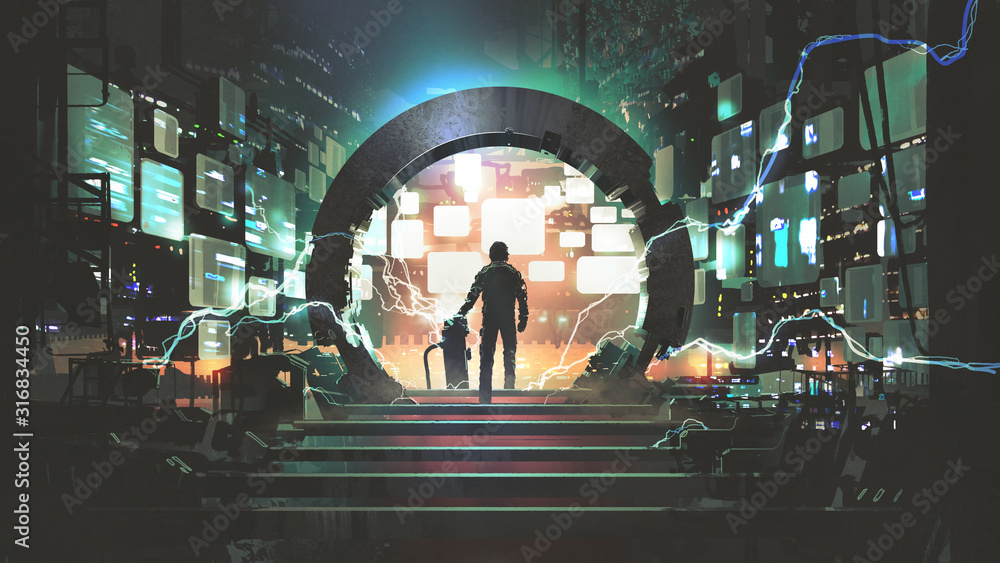 Wall mural sci-fi concept showing a man standing at the futuristic portal, digital art style, illustration pain