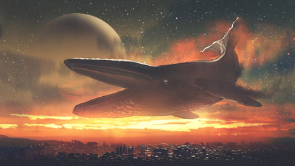 fantasy scenery of a giant whale flying above city against sunset sky, digital art style, illustration painting © grandfailure