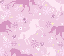 Cute seamless pattern with unicorns and flowers. Vector.