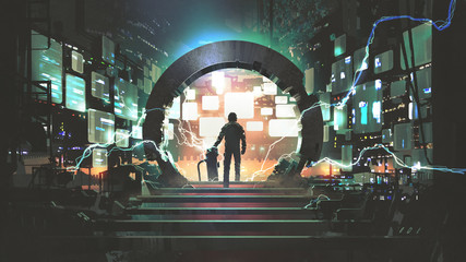 sci-fi concept showing a man standing at the futuristic portal, digital art style, illustration painting © grandfailure