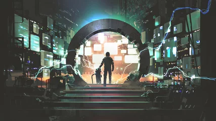 Papier Peint photo Grand échec concept de science-fiction montrant un homme debout sur le portail futuriste, style art numérique, peinture d& 39 illustration
