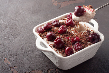 Tasty piece of homemade pudding with chocolate crumble cookie and cherry in square ceramic plate.