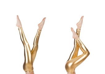 Woman legs with stockings on white