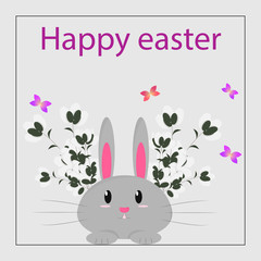 Greeting card for Easter. Rabbit with willow and cute butterflies. Vector.
