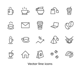 Set of Coffee and Tea Vector Line Icons. Contains such Icons as Cup of Tea, Teabags, Coffee beans and Green Tea Leaves, a pitcher of Water, Sugar Cubes and more. Editable Stroke. 32x32 Pixels