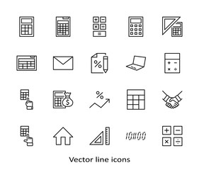 Set of Calculation Vector Line Icons. Contains such Icons as Calculator Icon, Pencil, Click, Money Bag, Percent symbol, Square and Ruler. Editable Stroke. 32x32 Pixels