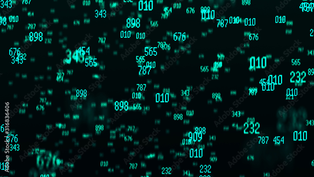 Poster blue numbers on black background. matrix. digital illustration. computer code. 3d rendering.