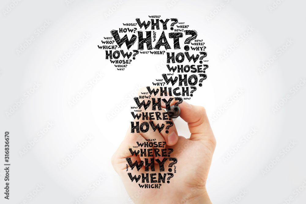 Poster question mark - hand writing questions whose answers are considered basic in information gathering o