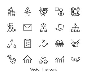 Set of Team Work Related Vector Line Icons. Contains such Icons as Handshake, Check, Idea, Coffee, Gears, Cooperation, Collaboration, Team Meeting and more. Editable Stroke. 32x32 Pixels