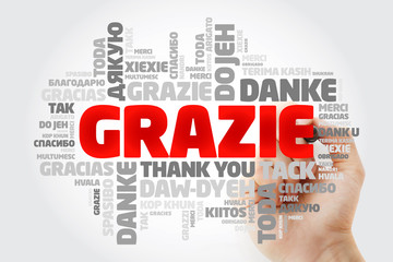 Grazie (Thank You in Italian) word cloud background in different languages with marker