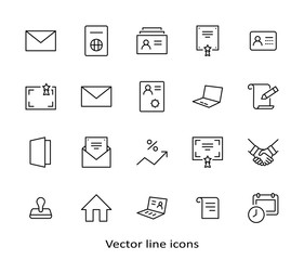 Set of Legal Documents Related Vector Line Icons. Contains such Icon as Visa, Contract, Declaration, License, Permission, Grant and more. Editable Stroke. 32x32 Pixels