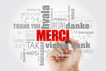Merci (Thank You in French) Word Cloud with marker in many languages of the world