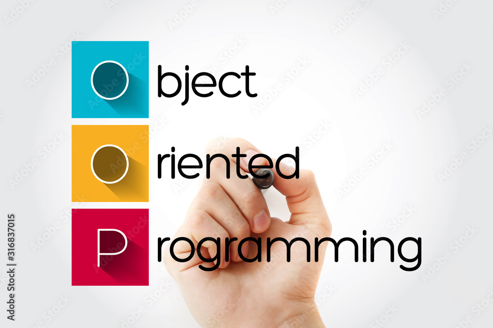 Poster oop - object oriented programming acronym, technology concept background